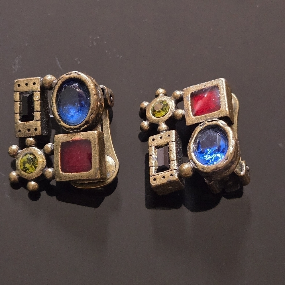 Chico's Vintage 1980s Clip-On Earrings with Blue and Red Green Stones In Brozen - Picture 10 of 16
